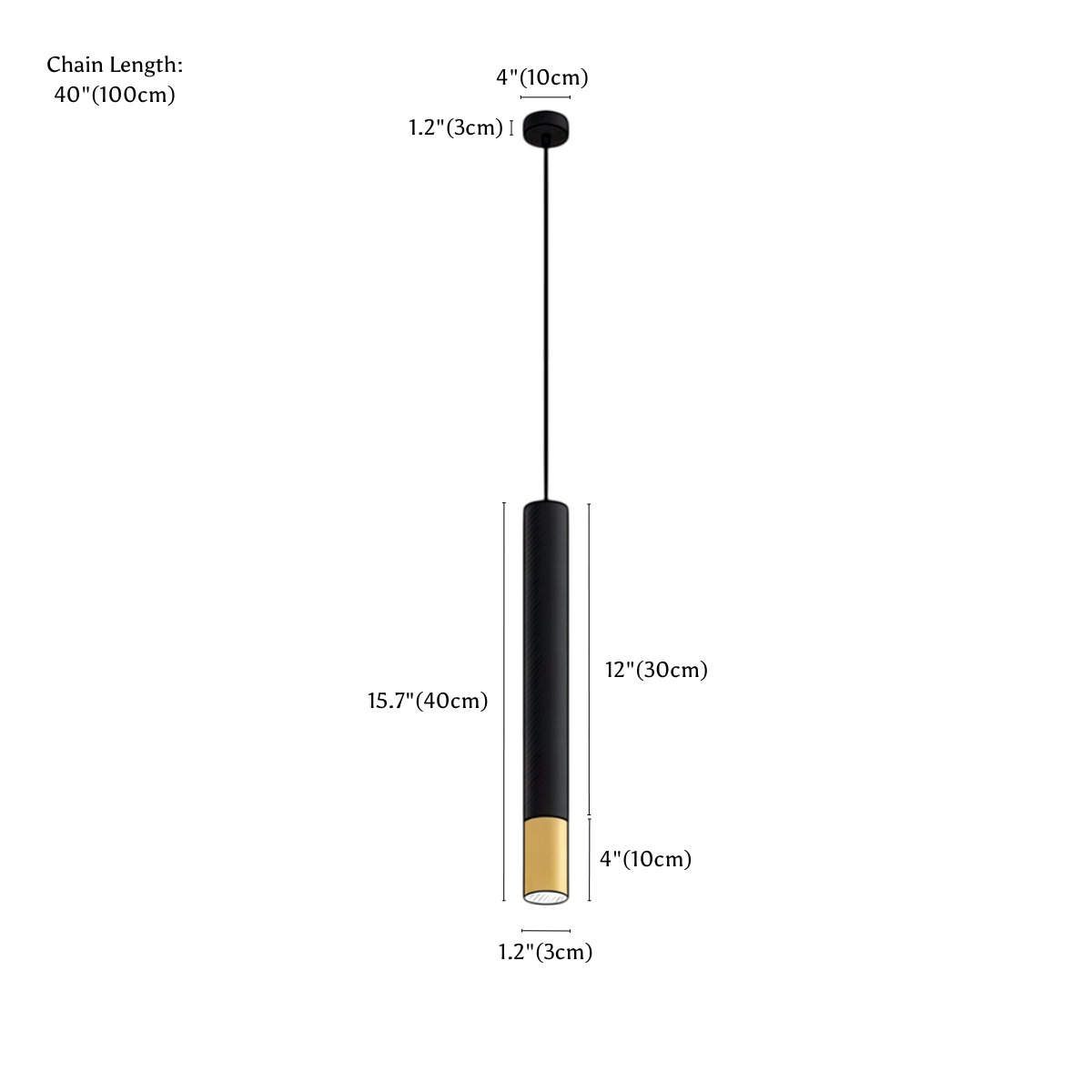 Clérachic pendant light dimension drawing, 15.7 40 cm, every measurement marked in centimetres and inches.