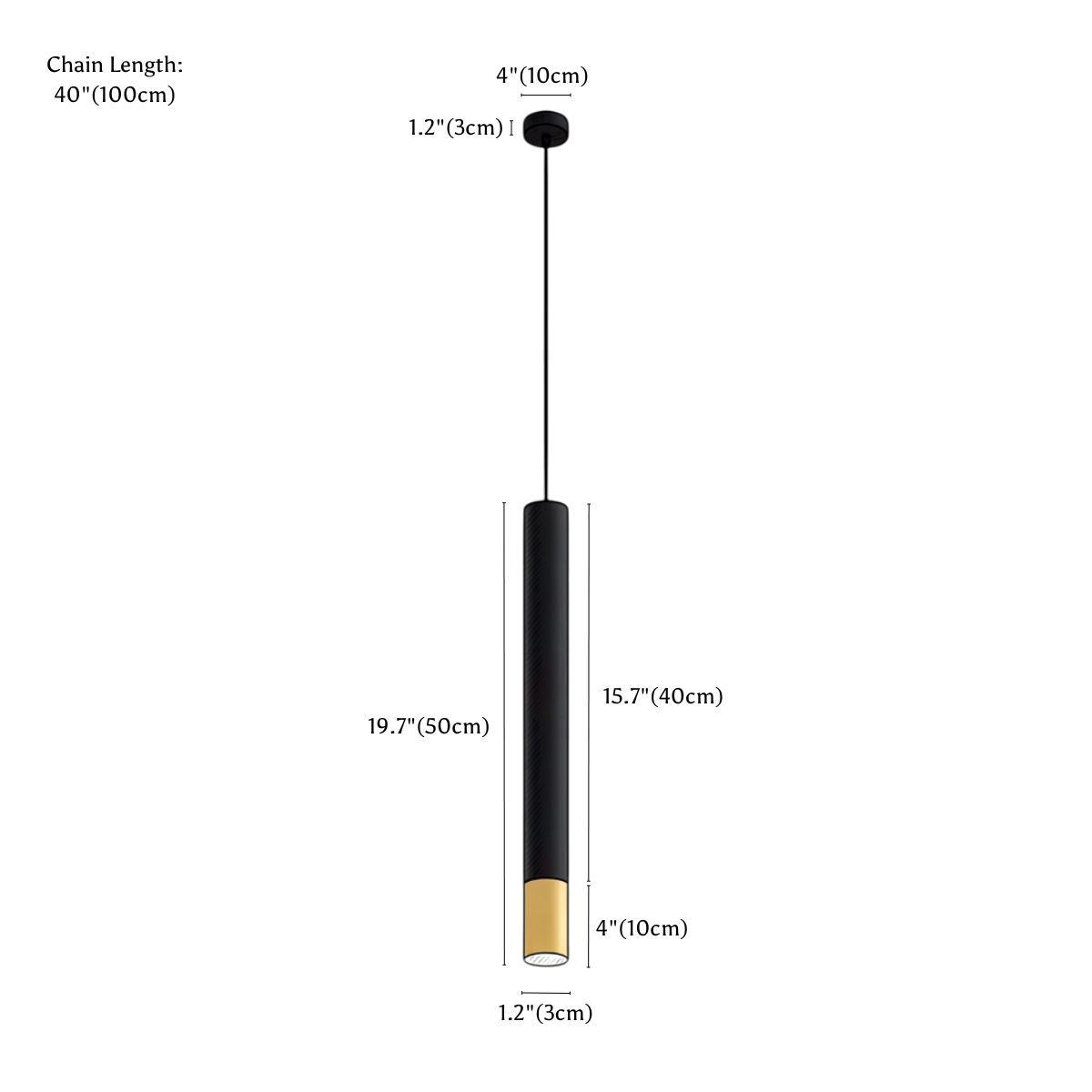 Clérachic pendant light dimension drawing, 19.7 50 cm, every measurement marked in centimetres and inches.