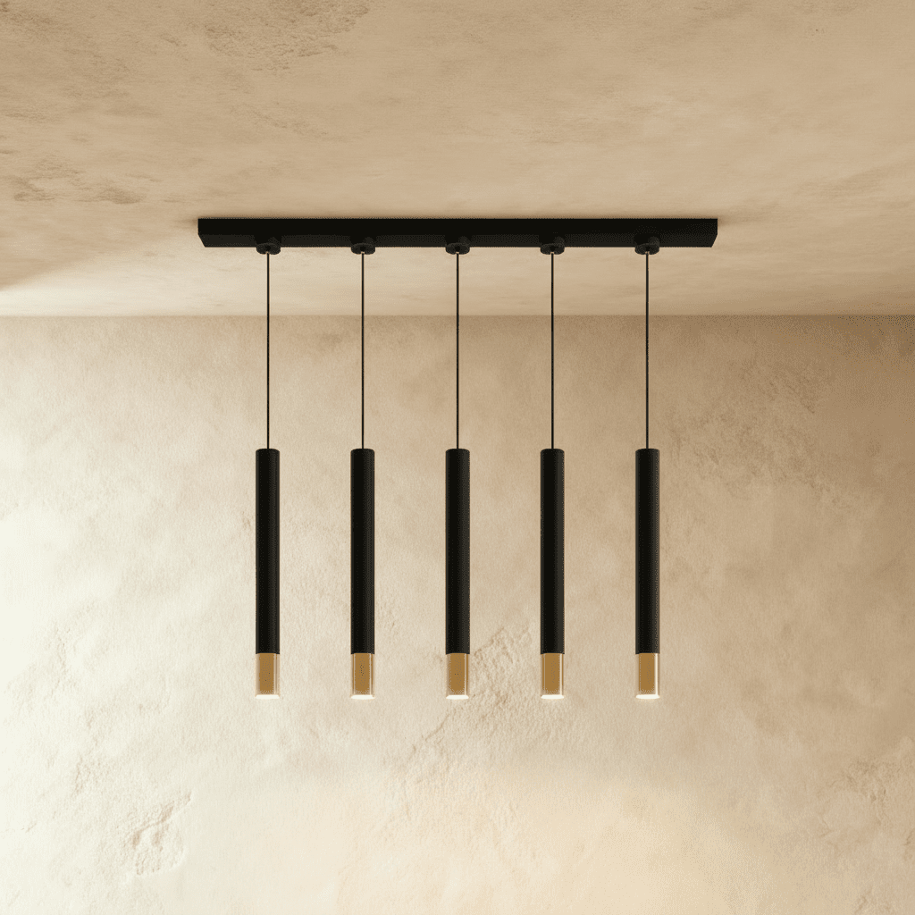 Clérachic five-light black pendant cluster with gold rim tips hangs from one linear bar on a plaster ceiling.