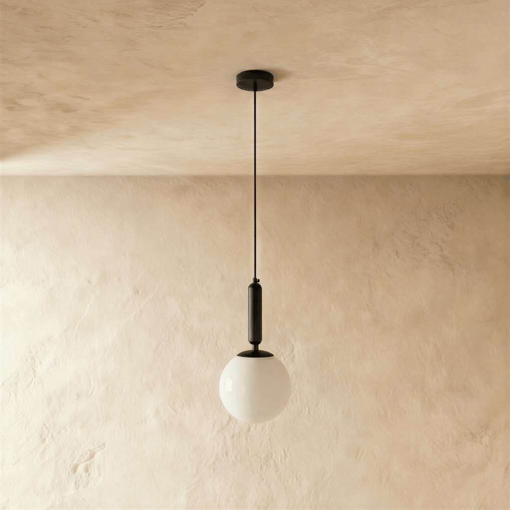 Clérachic black metal pendant light with a glossy white globe shade, suspended from a round ceiling canopy.