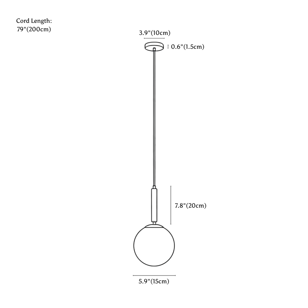 Clérachic pendant light dimension drawing, 15 cm, every measurement marked in centimetres and inches.