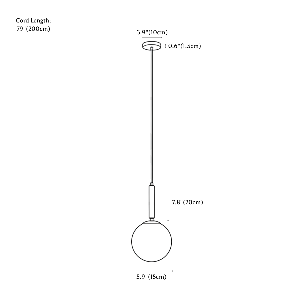 Clérachic pendant light dimension drawing, 15 cm, every measurement marked in centimetres and inches.