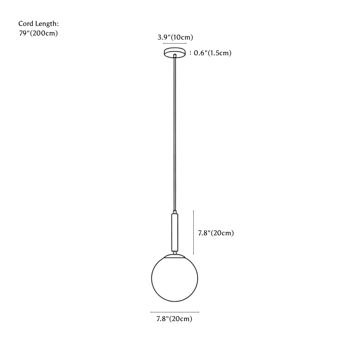 Clérachic pendant light dimension drawing, 20 cm, every measurement marked in centimetres and inches.