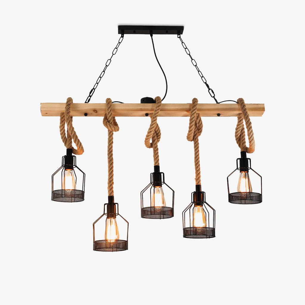 A five-head Clérachic pendant light on a white backdrop, with black iron mesh cages hanging on knotted hemp rope from a wooden beam.