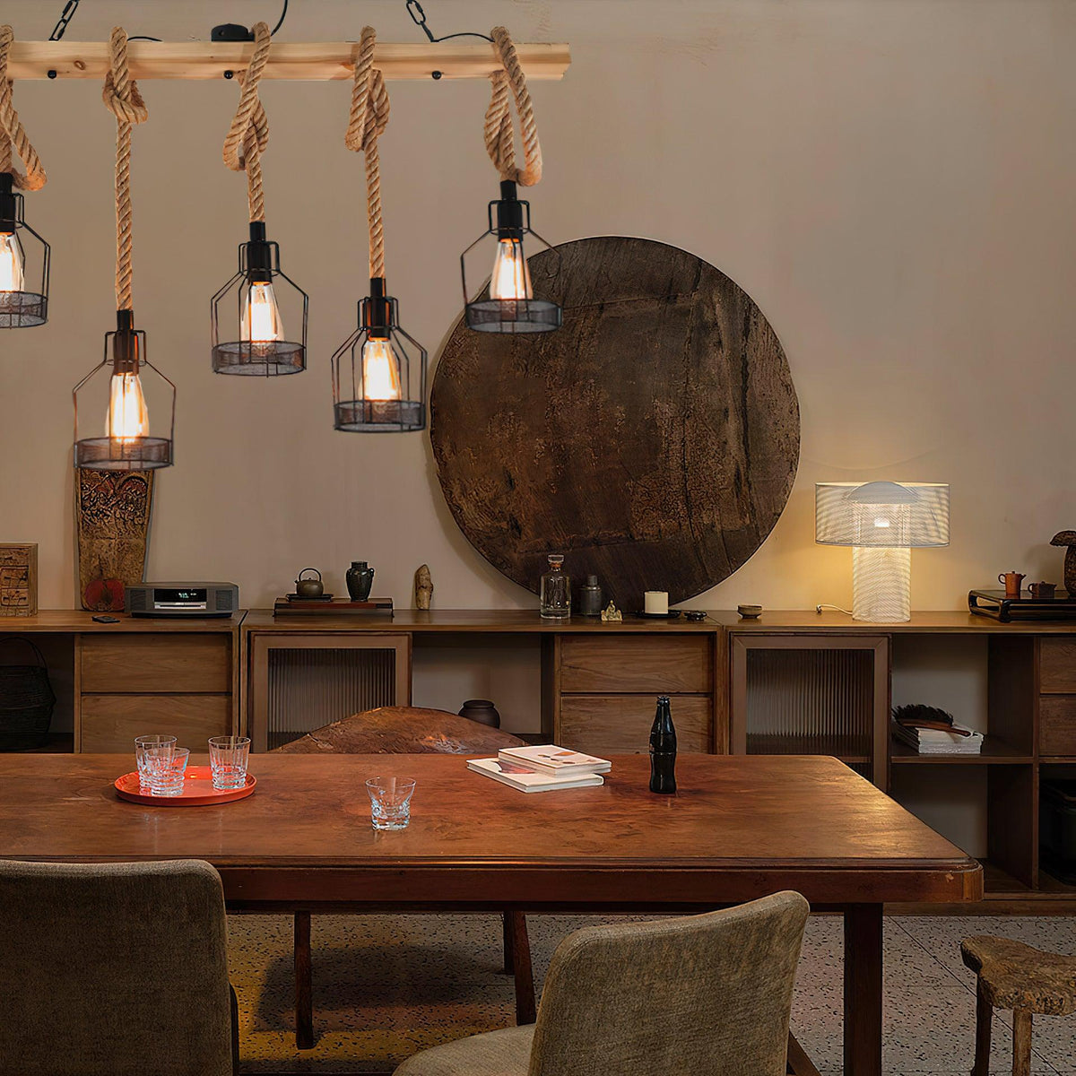 A Clérachic pendant light with caged bulbs on hemp rope, above a long dining table with a round wooden panel on the wall.
