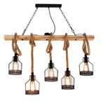 Clérachic pendant light with five caged bulbs on rope loops of different lengths, on a white backdrop, seen from slightly below.