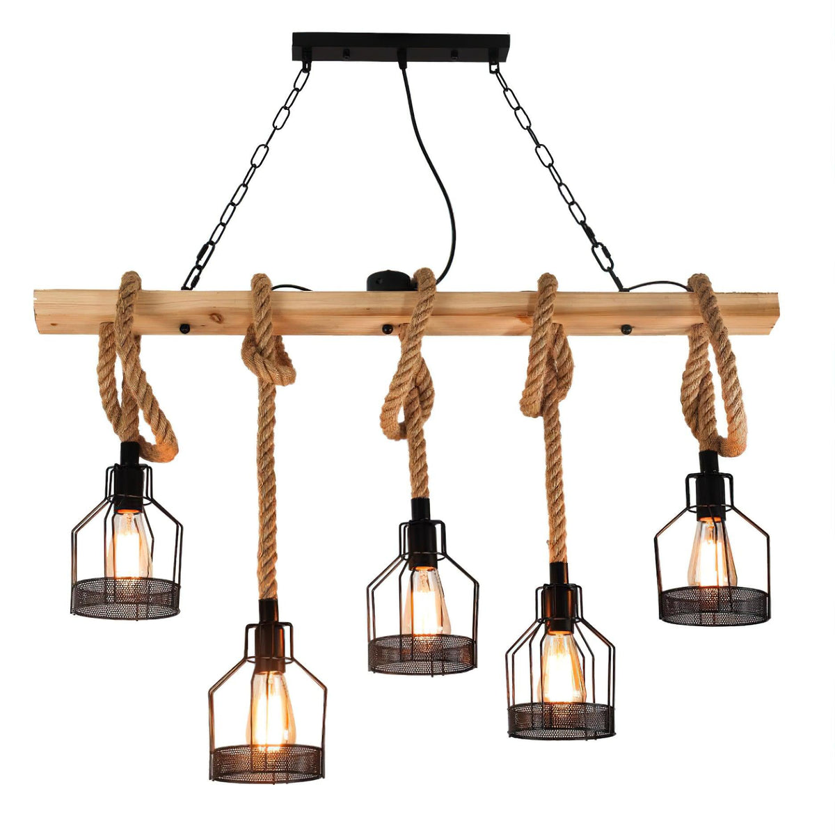 Clérachic pendant light with five caged bulbs on rope loops of different lengths, on a white backdrop, seen from slightly below.