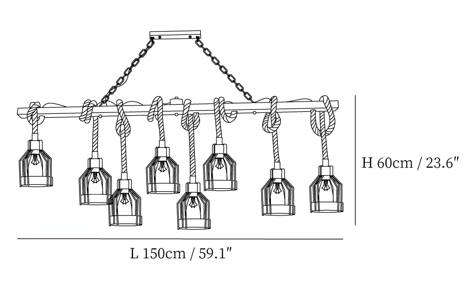 Clérachic pendant light dimension drawing, every measurement marked in centimetres and inches.
