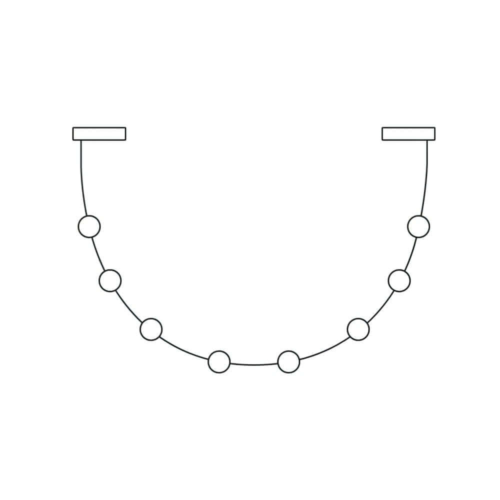 Line drawing of a single loop of this Clérachic pendant, with round lights strung between two ceiling plates.