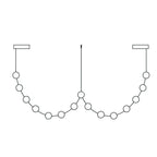 Line drawing of a longer Clérachic linear pendant, its double loop of lights hung from two plates with a centre cord.