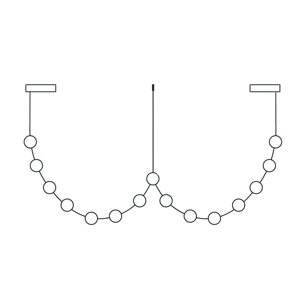 Line drawing of a longer Clérachic linear pendant, its double loop of lights hung from two plates with a centre cord.