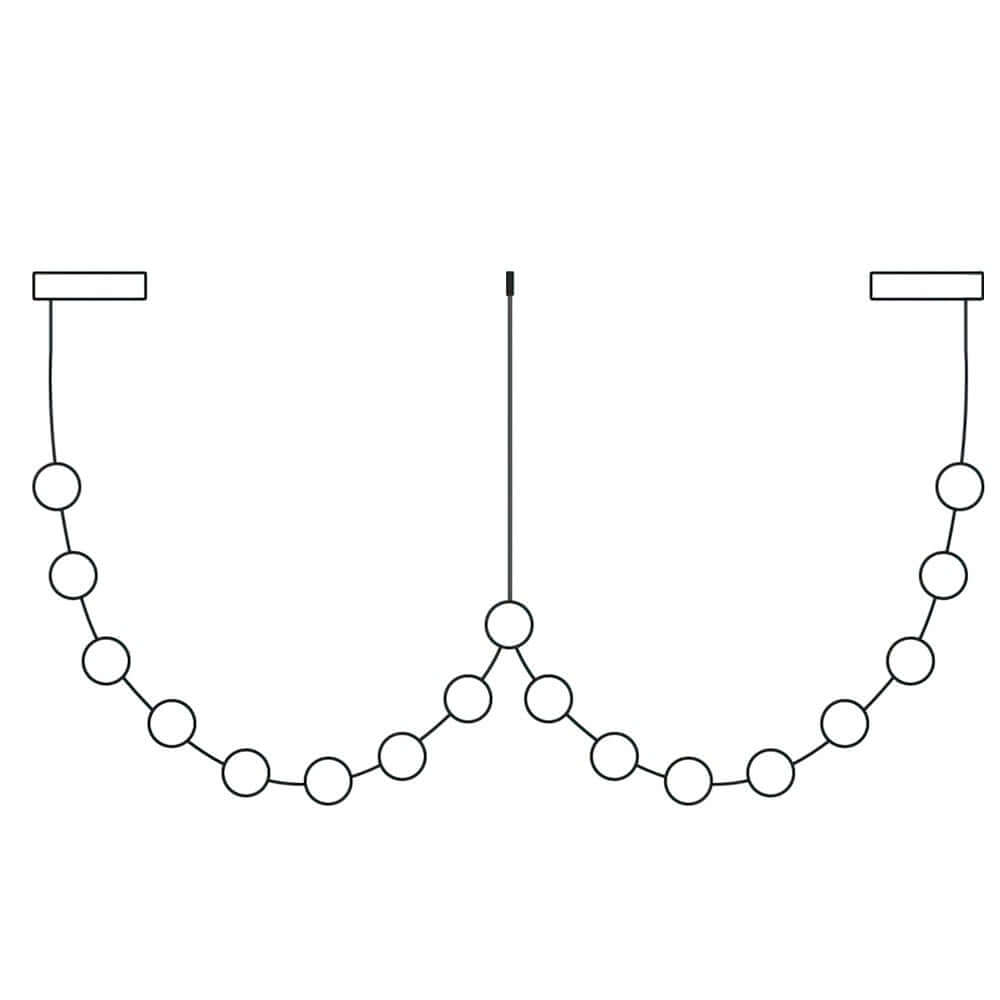 Line drawing of this Clérachic pendant at its widest, with a double loop of lights and a centre cord between two plates.