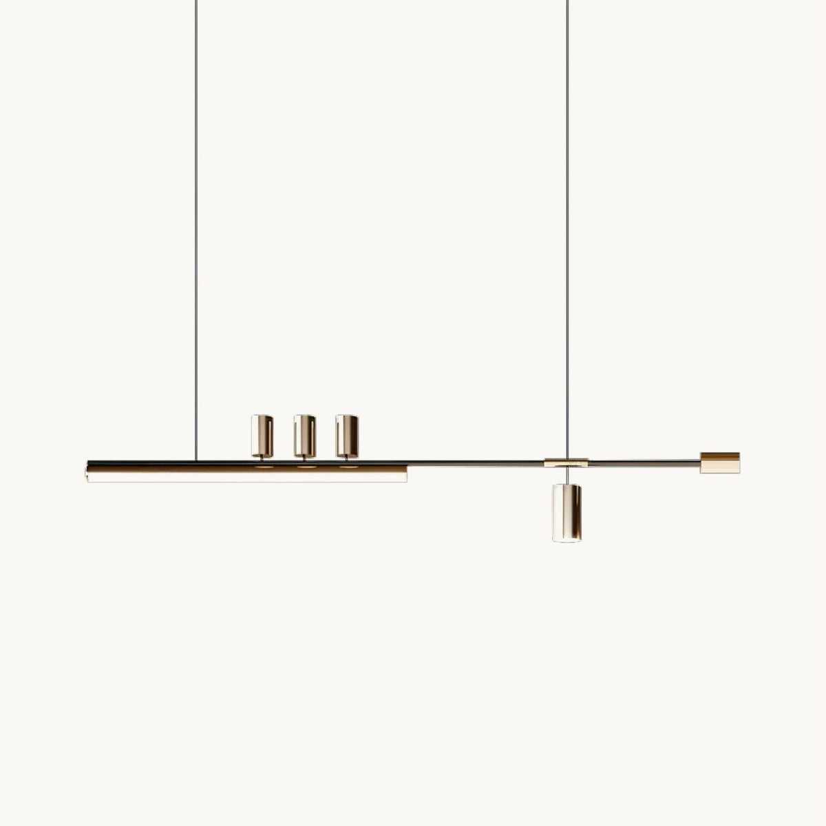 Long horizontal LED bar with three small brass-toned spots and a hanging cylinder, this Clérachic pendant on a plain white backdrop.