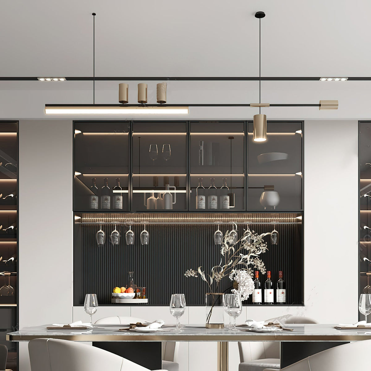 Lit bar and hanging cylinder of this Clérachic pendant above a set dining table, with a glass-fronted display cabinet behind.