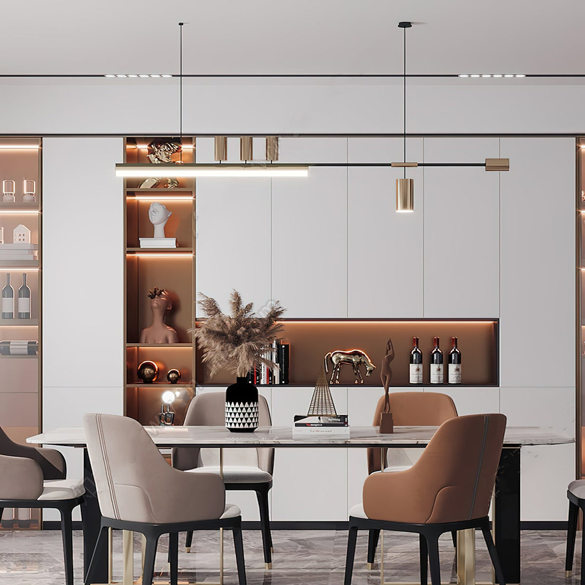 Gold-toned cylinders and a glowing bar on this Clérachic pendant, hung above a dining table in front of lit shelving.