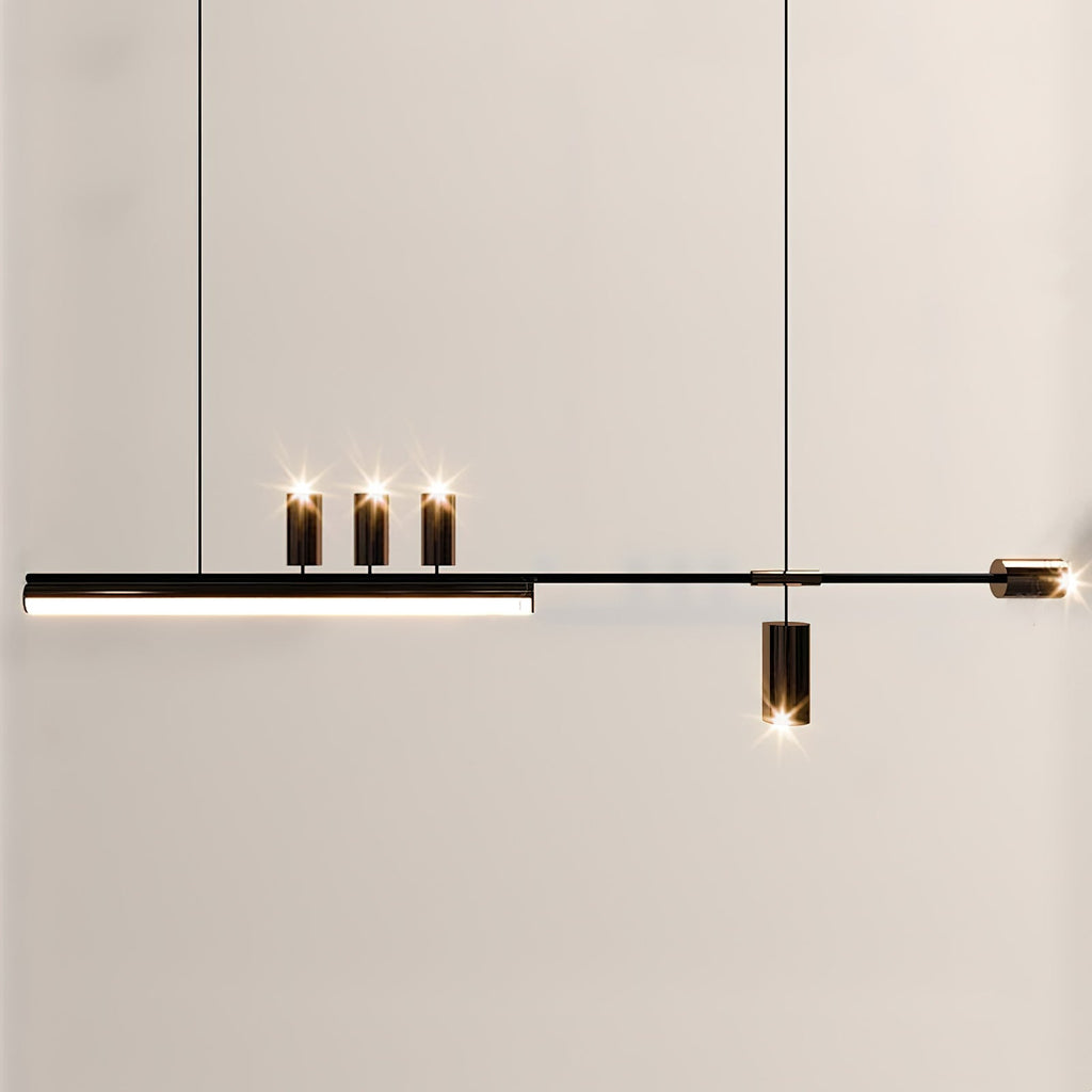 Darker version of this Clérachic pendant, its three black spot heads glowing above a lit bar on a pale wall.