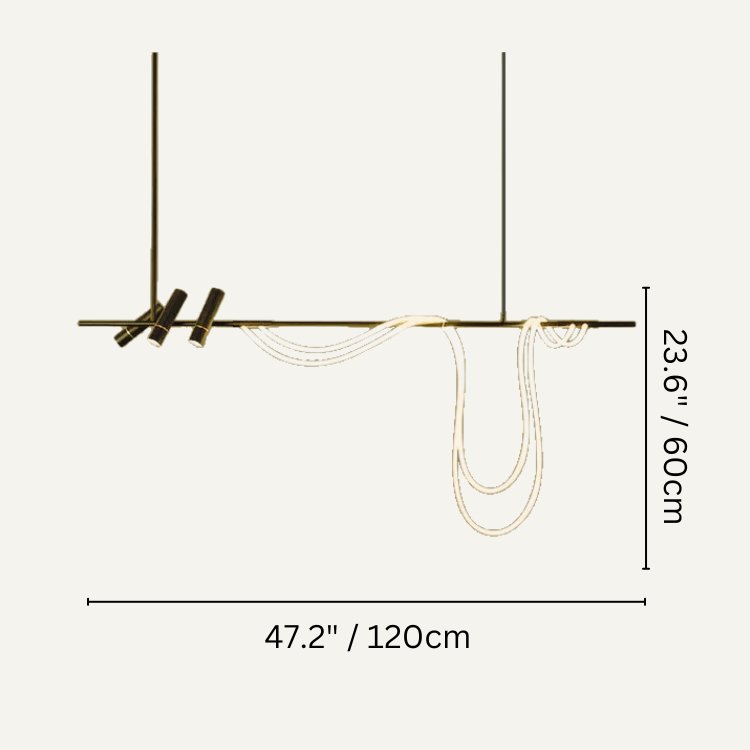 Clérachic pendant light dimension drawing, A - 120 × 60 cm, every measurement marked in centimetres and inches.