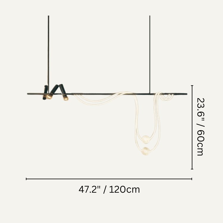 Clérachic pendant light dimension drawing, B - 120 × 60 cm, every measurement marked in centimetres and inches.