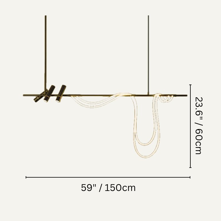 Clérachic pendant light dimension drawing, A - 150 × 60 cm, every measurement marked in centimetres and inches.