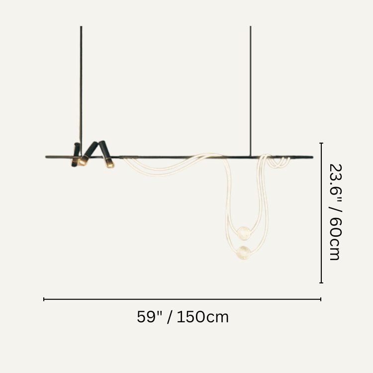 Clérachic pendant light dimension drawing, B - 150 × 60 cm, every measurement marked in centimetres and inches.