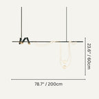 Clérachic pendant light dimension drawing, B - 200 × 60 cm, every measurement marked in centimetres and inches.