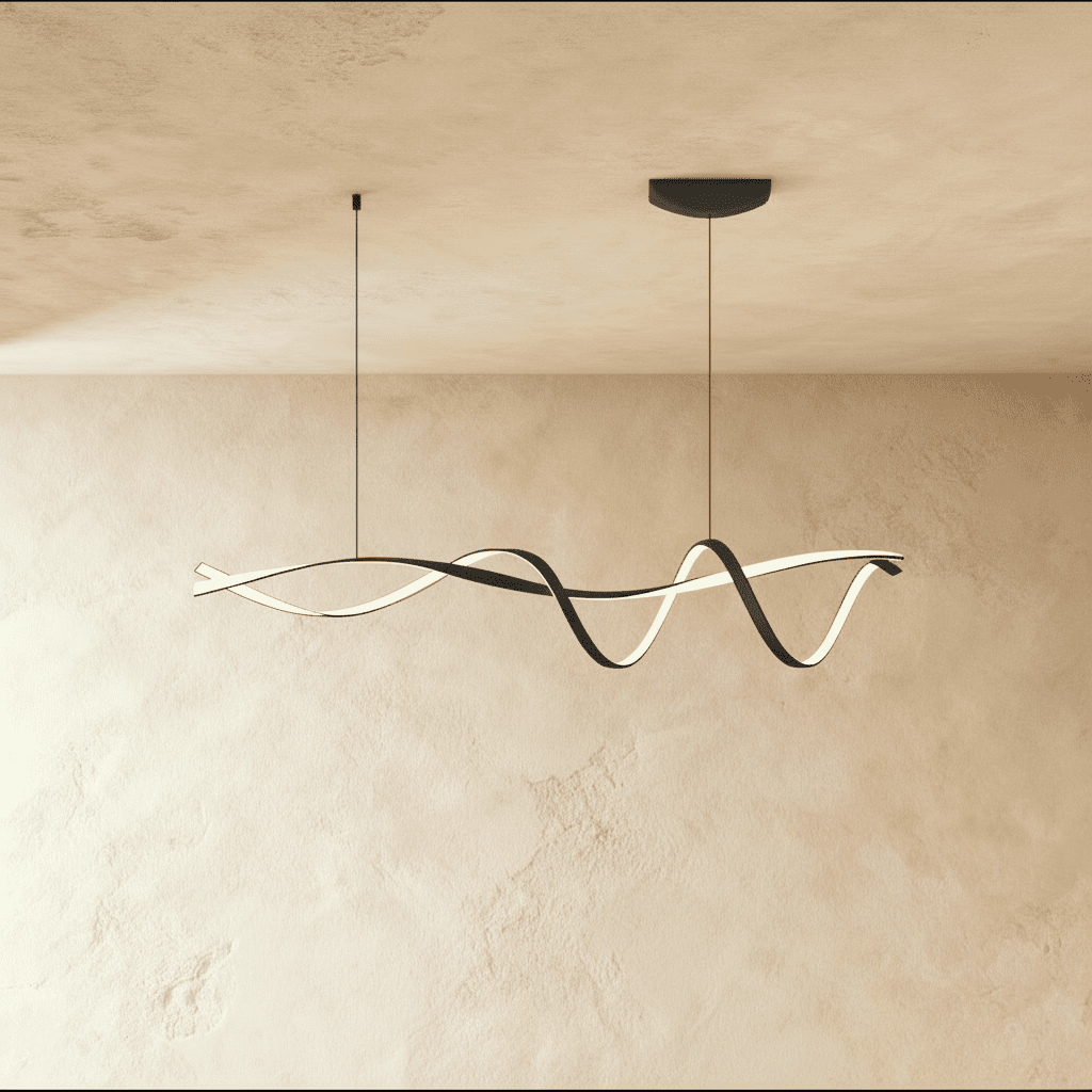 Clérachic twisting black ribbon LED pendant lit warm white, hung from two slim cords below a ceiling plate against a limewash wall.