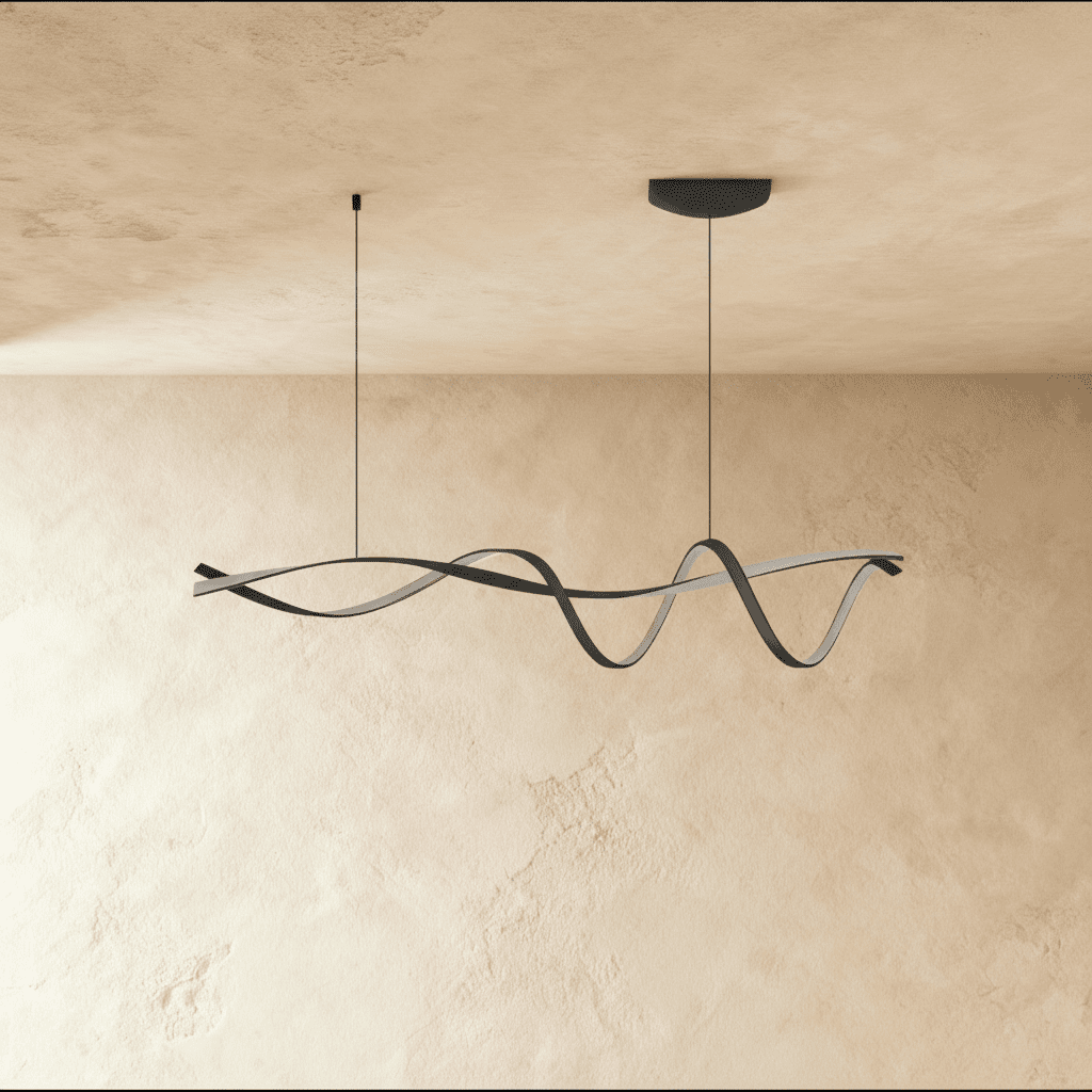 Clérachic black ribbon pendant switched off, its twisting aluminium band and silver-grey inner face hanging from two cords.