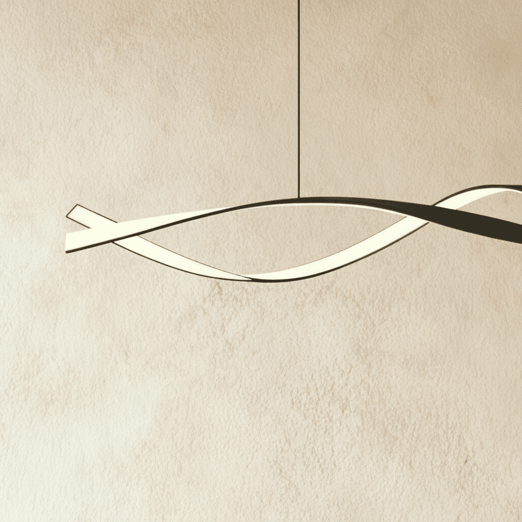 Close view of the Clérachic pendant's twisting ribbon, a black outer band wrapped around a softly glowing white LED strip.