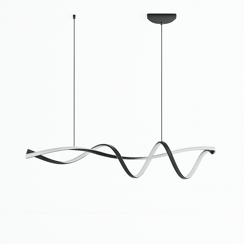 Clérachic wave-shaped black ribbon pendant with glowing white LED edges, suspended on two thin cords on a plain white background.
