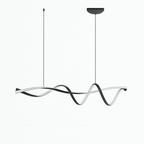 Clérachic wave-shaped black ribbon pendant with glowing white LED edges, suspended on two thin cords on a plain white background.
