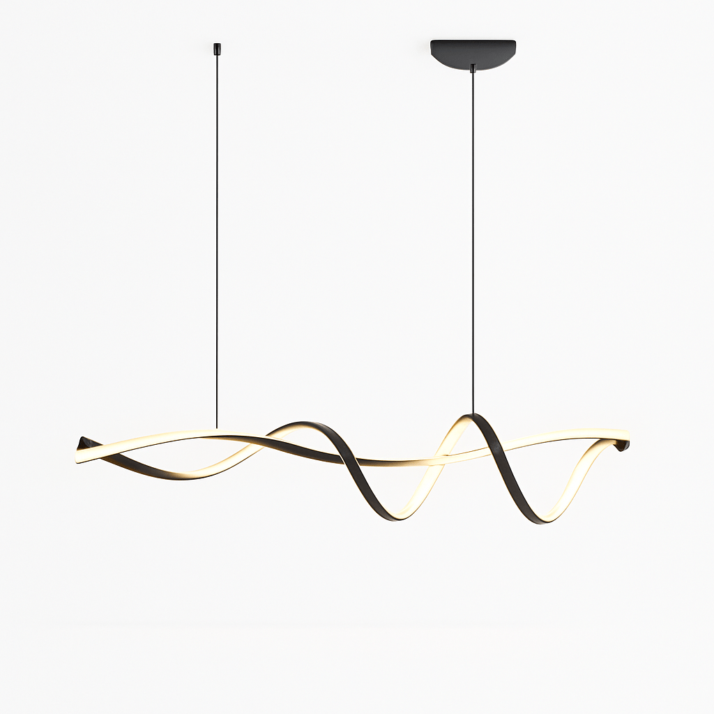 Clérachic twisting ribbon pendant lit in warm white, its black band curling in loops beneath a rounded ceiling plate on white.