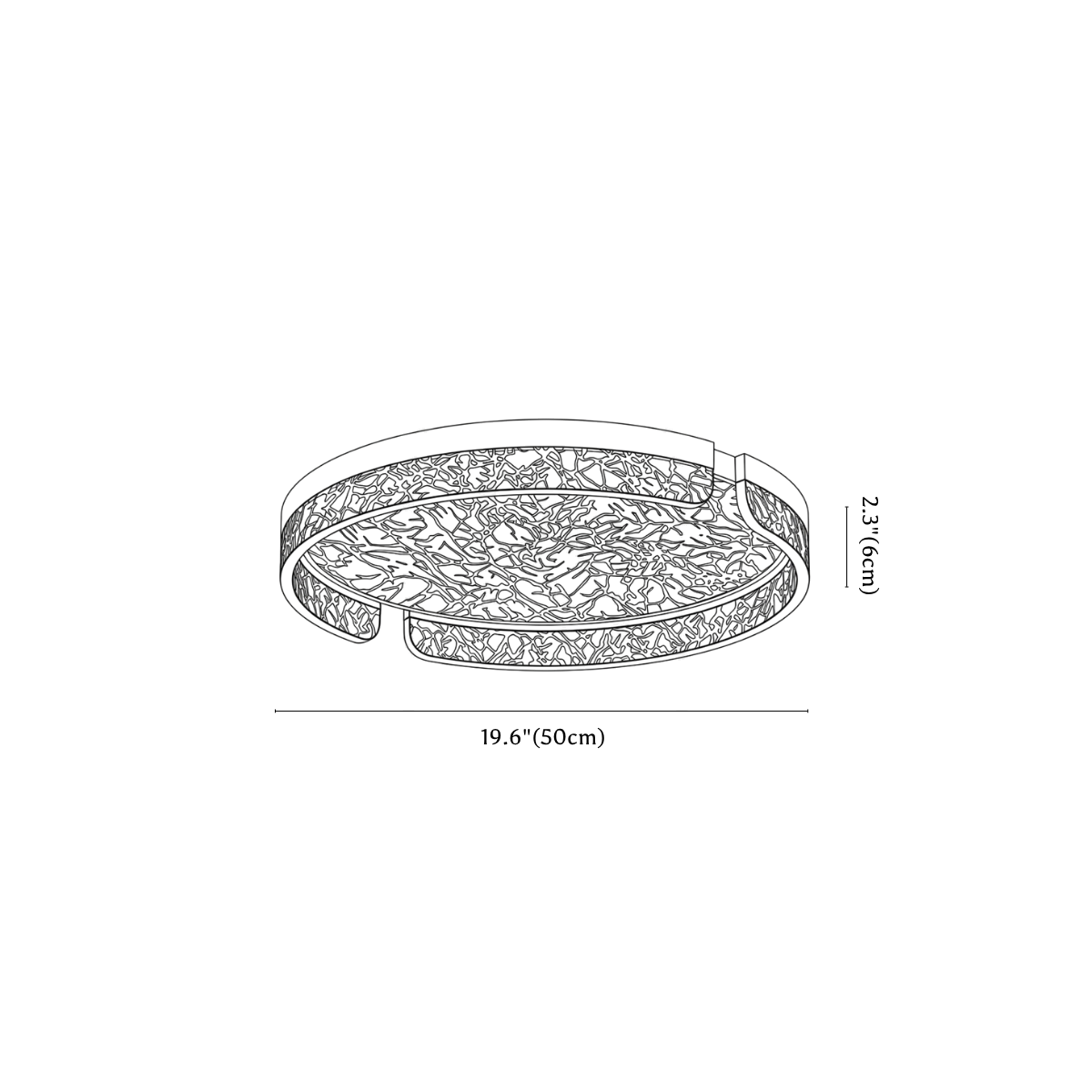 Clérachic ceiling light dimension drawing, every measurement marked in centimetres and inches.