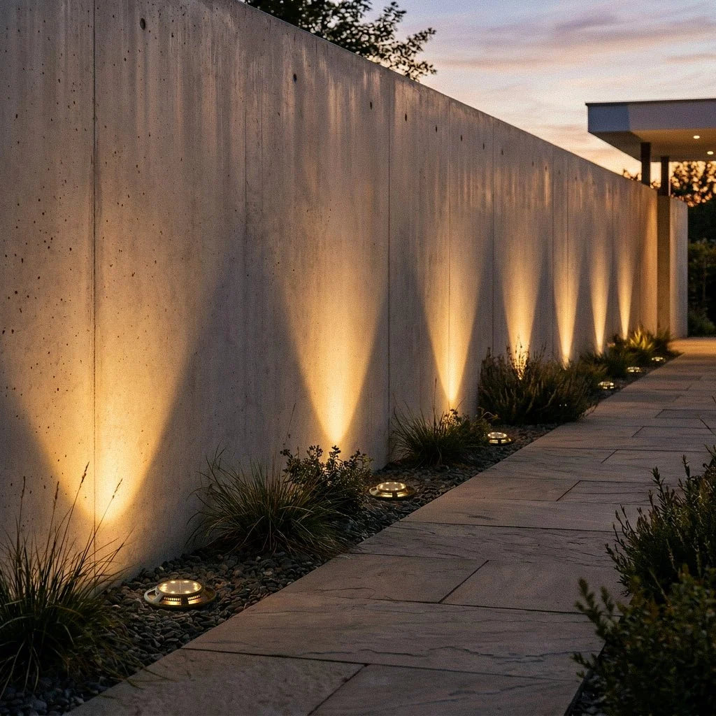 A run of black solar disc lights lines a stone path beside a concrete wall at dusk, casting warm light upward, Clérachic lifestyle shot.