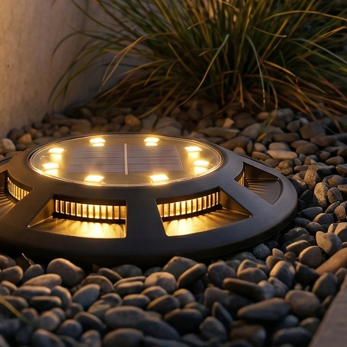 Nestled in a pebble garden bed, the black solar disc light glows warm amber beside ornamental grasses in this Clérachic detail shot.