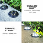A four-panel graphic shows the black solar disc light charging by day and glowing at night amid greenery, Clérachic product panel.