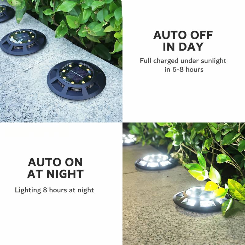 A four-panel graphic shows the black solar disc light charging by day and glowing at night amid greenery, Clérachic product panel.