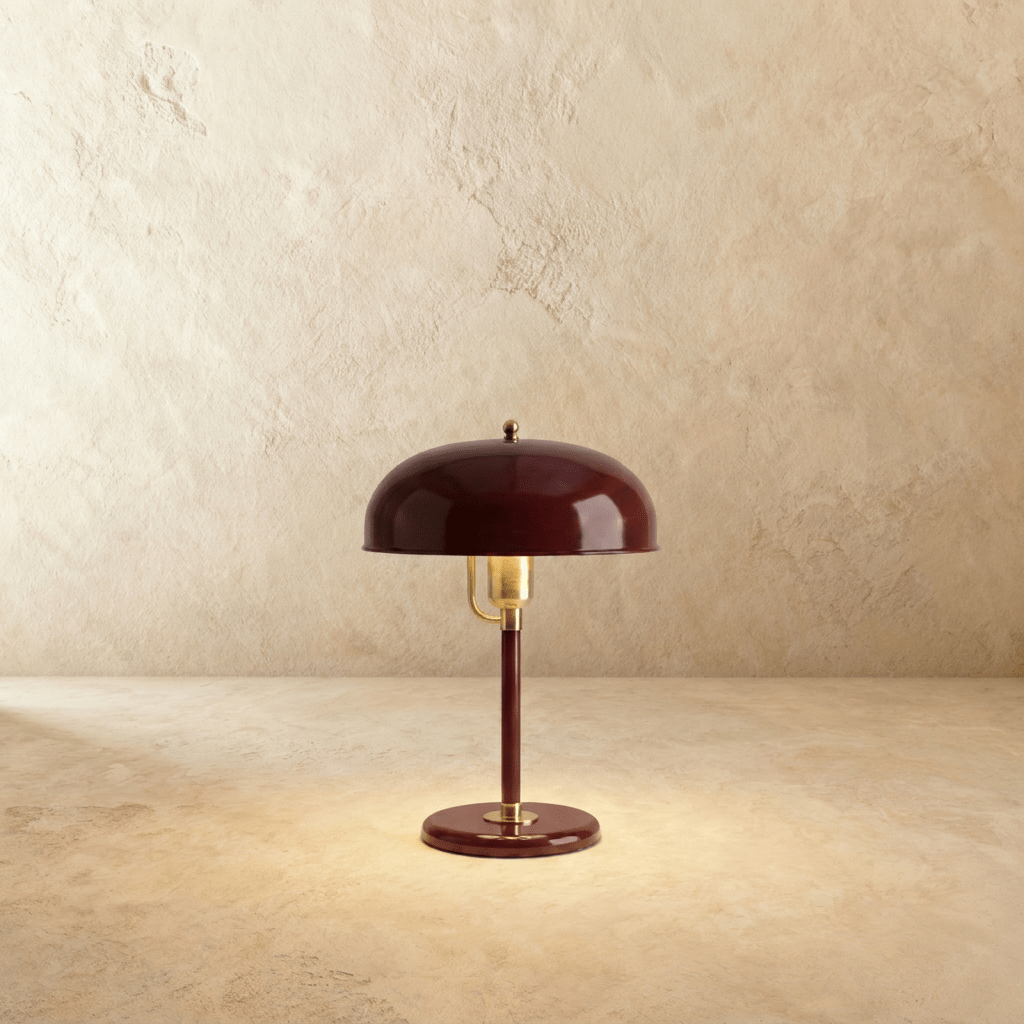 Clérachic dome table lamp in red enamel with a brass neck and base ring, photographed straight-on against a plain backdrop.