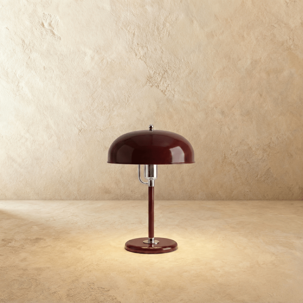 Clérachic dome table lamp in red enamel with chrome fittings, photographed from the front against a warm plain backdrop.