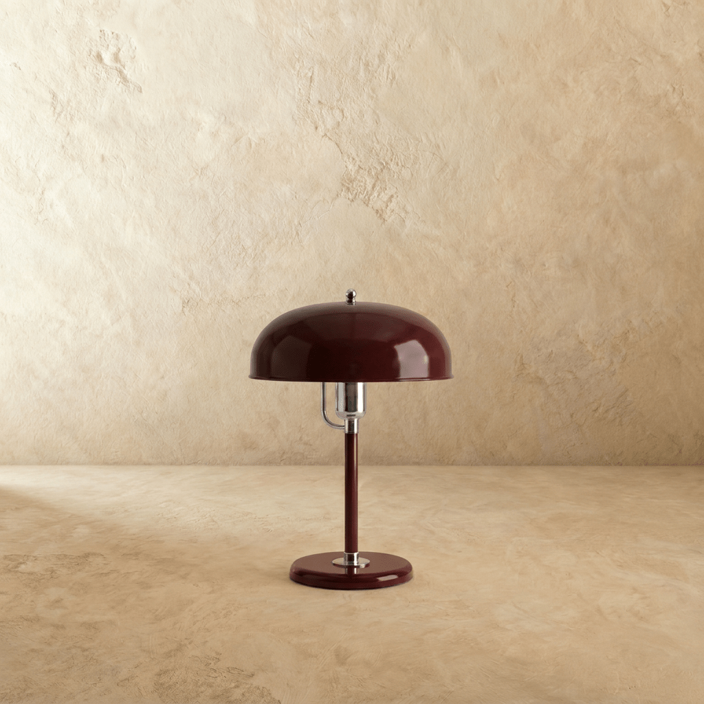 Clérachic dome table lamp in red enamel with chrome fittings, shown closer-cropped against a plain studio backdrop.