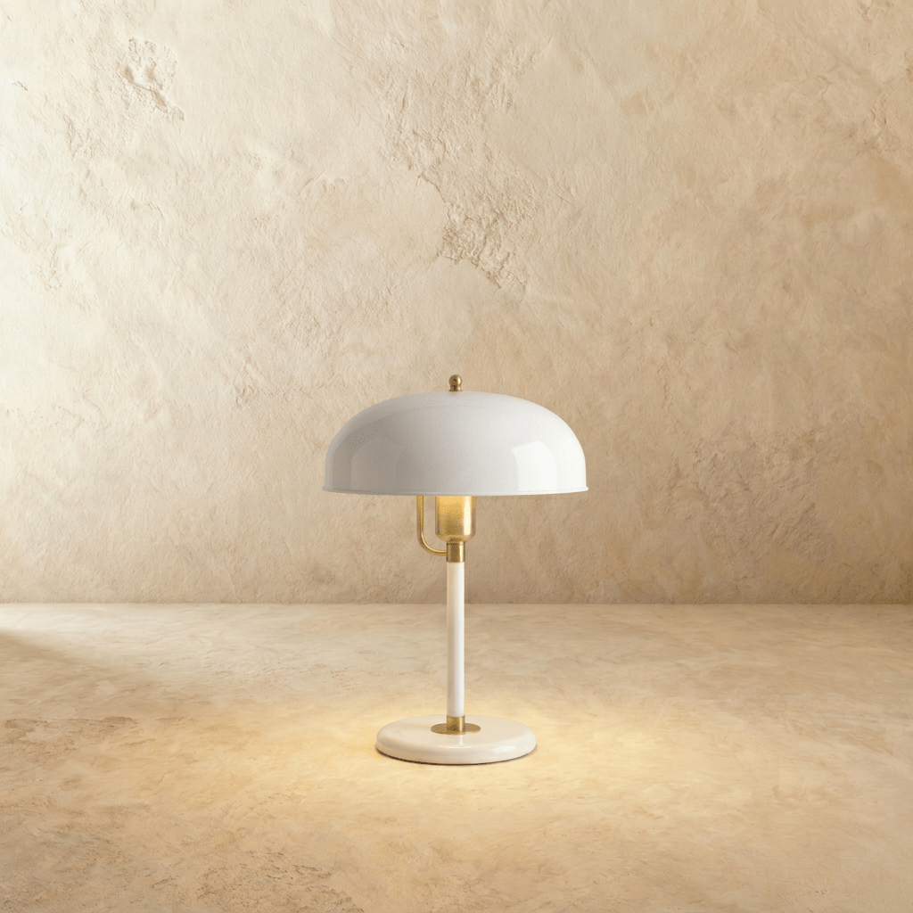 Clérachic dome table lamp in white enamel with a brass neck and base ring, photographed against a plain studio backdrop.