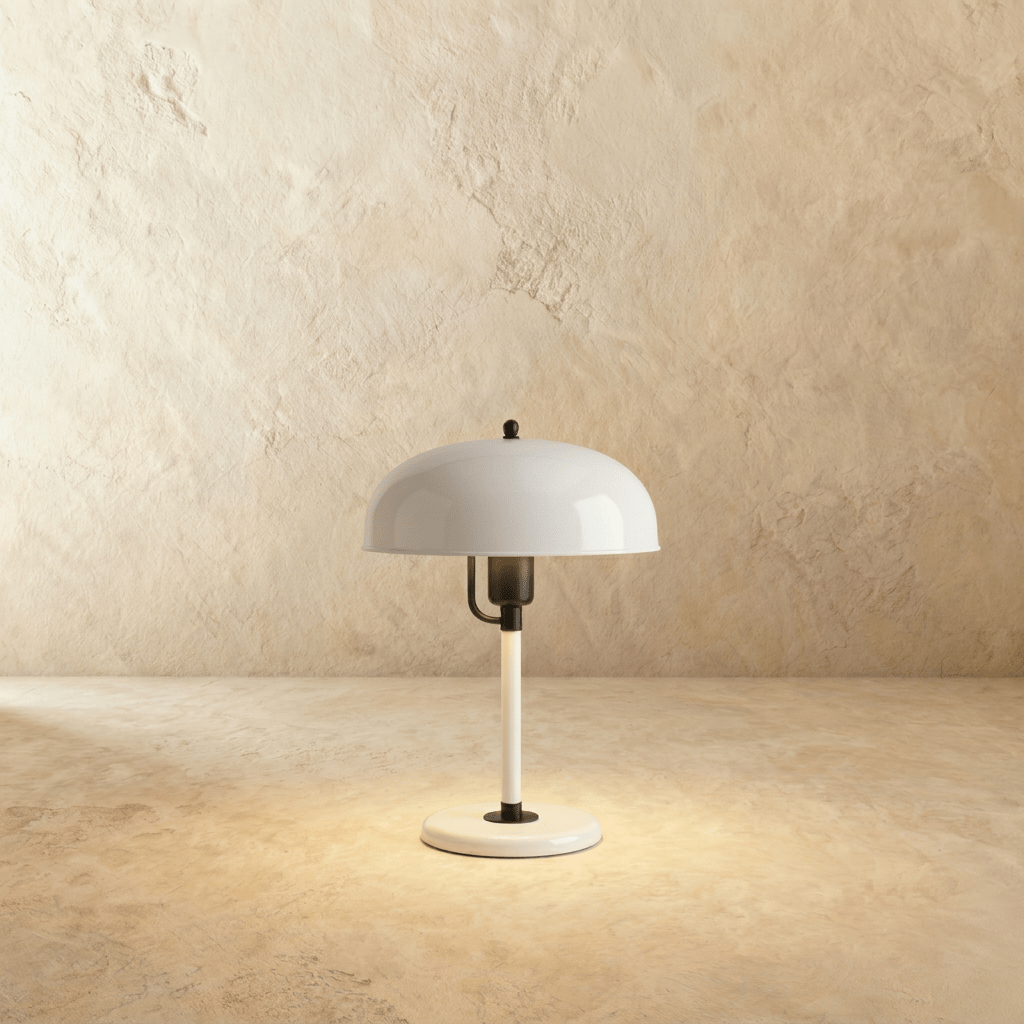 Clérachic dome table lamp in white enamel with black fittings, photographed against a plain studio backdrop.