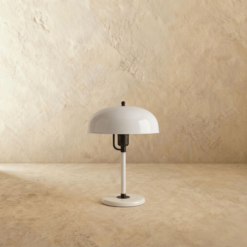 Clérachic dome table lamp in white enamel with black fittings, shown closer-cropped against a plain backdrop.