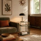 Clérachic black dome table lamp with brass fittings lit on a glass side table beside an armchair and a wall clock.
