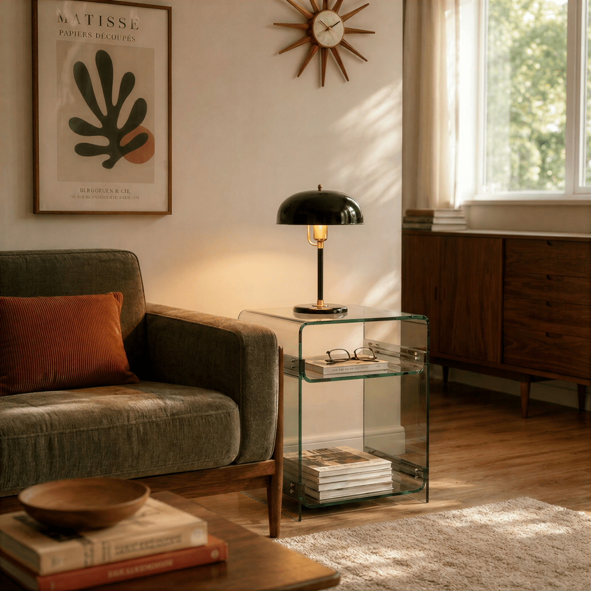 Clérachic black dome table lamp with brass fittings lit on a glass side table beside an armchair and a wall clock.