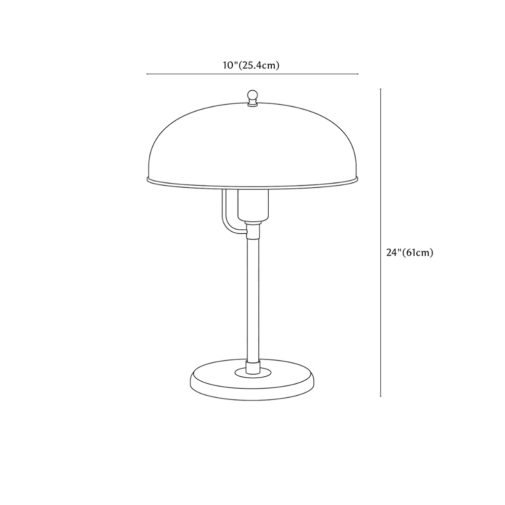 Clérachic table lamp dimension drawing, every measurement marked in centimetres and inches.