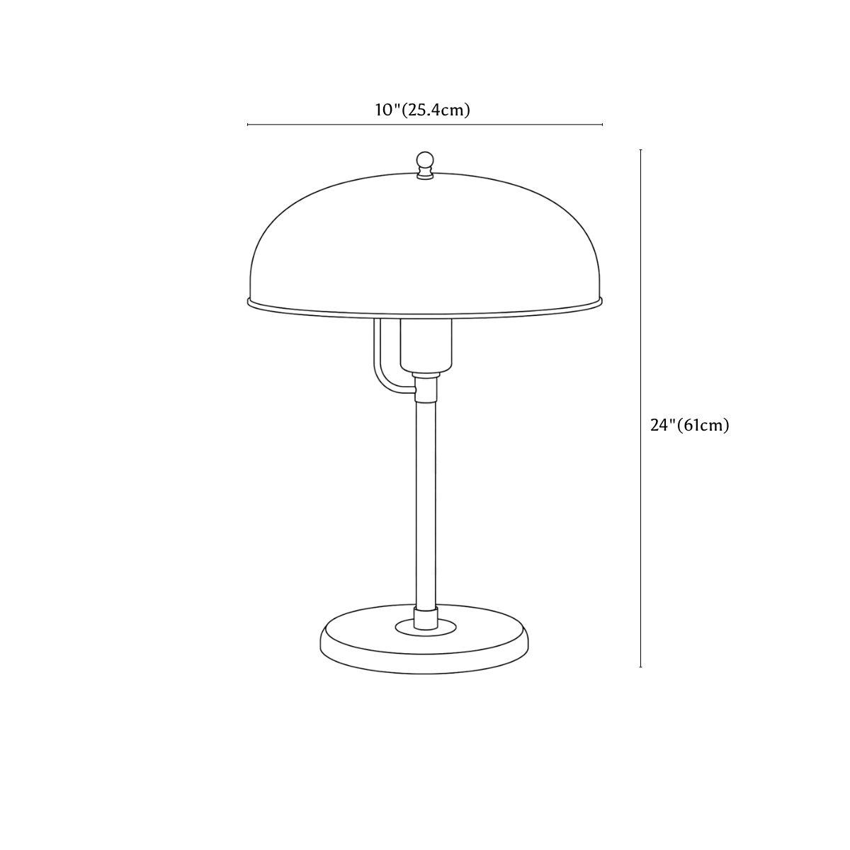 Clérachic table lamp dimension drawing, every measurement marked in centimetres and inches.