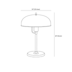 Clérachic table lamp dimension drawing, every measurement marked in centimetres and inches.