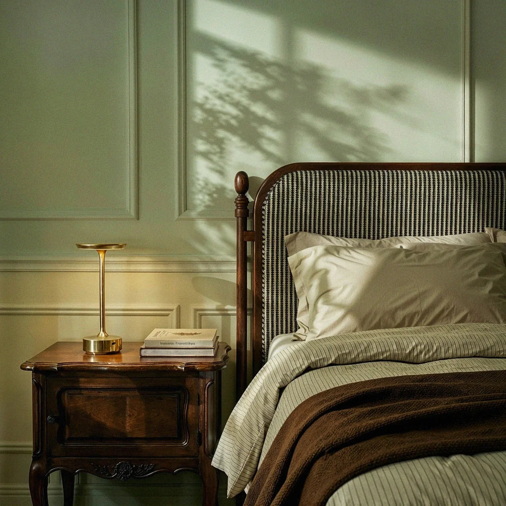 A lit Clérachic gold table lamp stands on a carved wood nightstand beside a striped upholstered headboard.