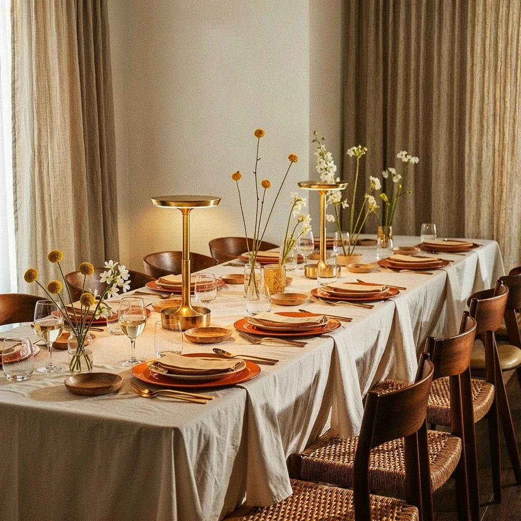Two Clérachic gold table lamps glow along a daylit dining table dressed with wildflowers and linen napkins.