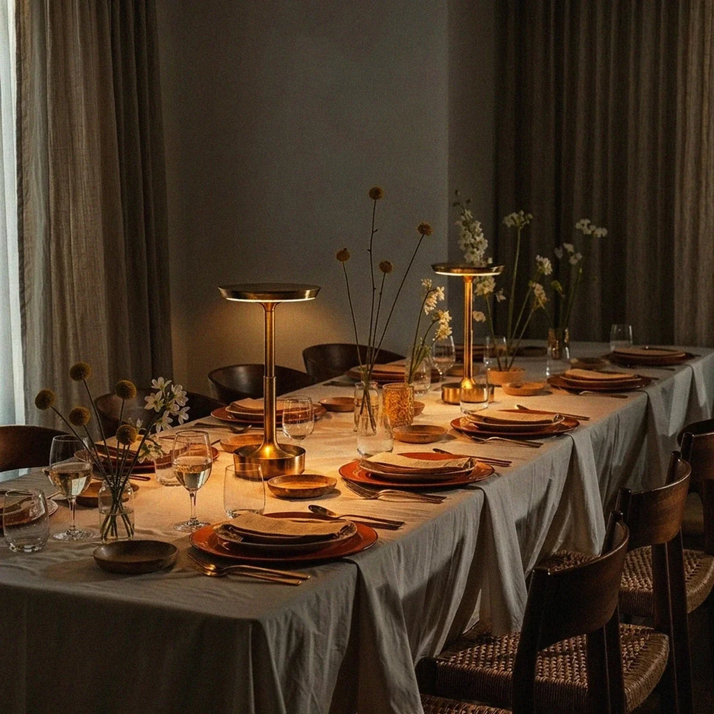 Two lit Clérachic gold table lamps warm a long dining table set with stoneware plates at dusk.